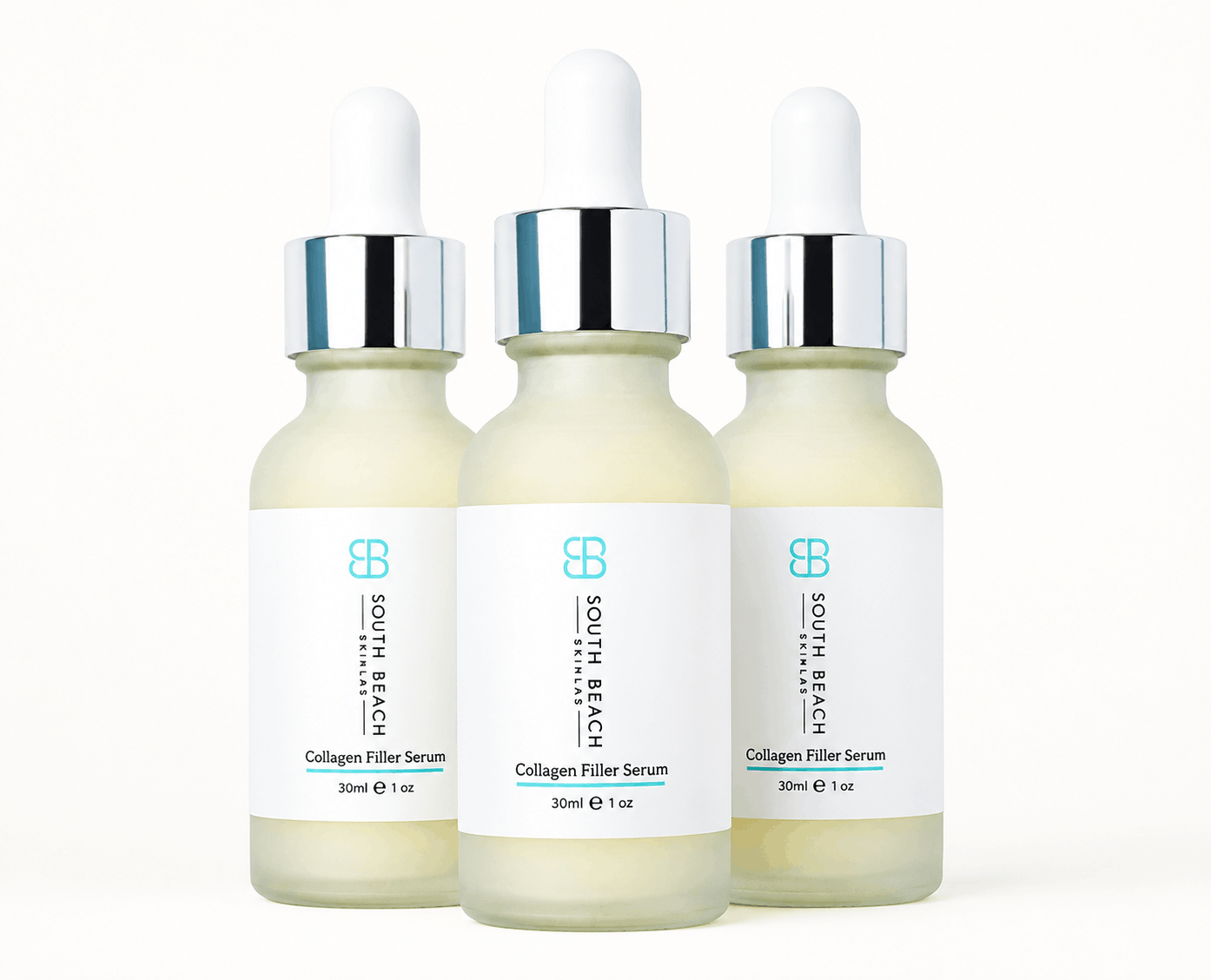 South Beach Collagen Filler Serum — three bottles of needle-free topical collagen serum by South Beach Skin Lab